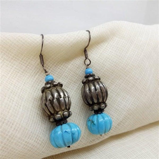 Silver Hanging Earrings With Damru Beads-0