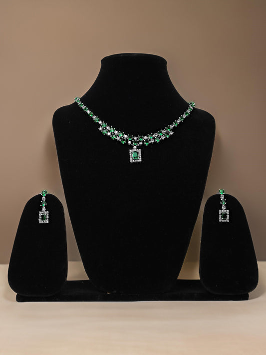 Silver Plated Green AD Necklace Set-0